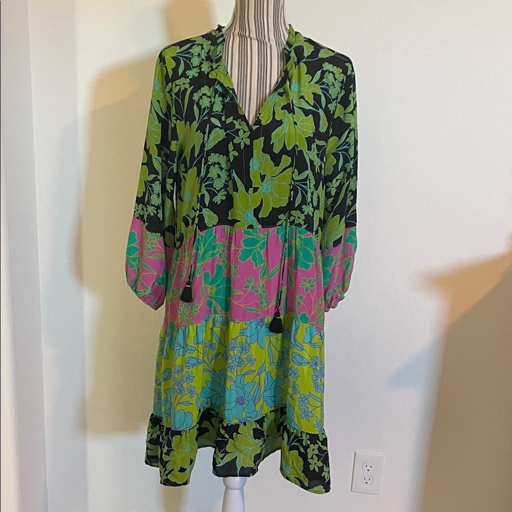 Johnny Was Workshop NWT Miramar Floral Silk Tiered Mini Dress Size Small